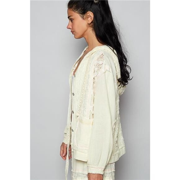 POL Exposed Seam Button Down Hooded Jacket with Lace Detail - Picture 3 of 7